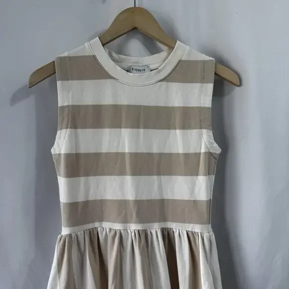 Evereve Women’s Dress Beige White stripe XS Midi Classic Preppy Terry Pockets - Picture 2 of 10